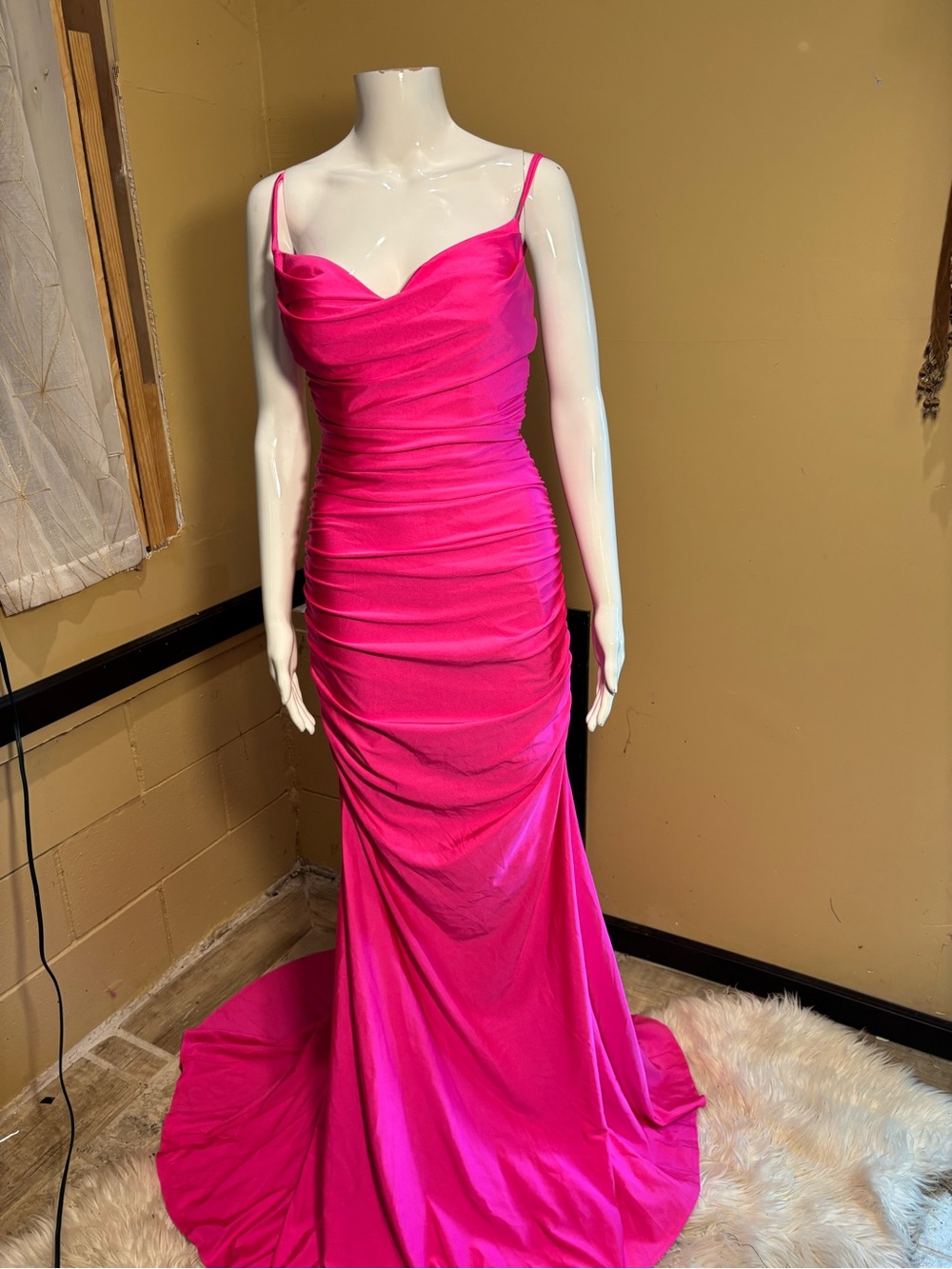 Hot Pink Ruched Spaghetti-Strap Prom Gown - Picture 5 of 12